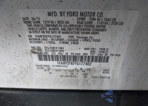 2015 Ford Taurus Limited from USA, damaged, VIN 1FAHP2F87FG177402
